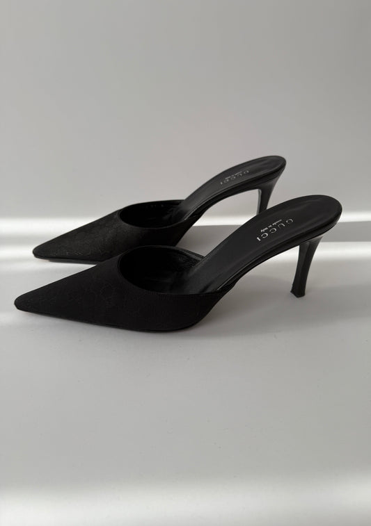 Gucci Vintage Black Pointed Toe Monogram Mules (IT 37/US 7/UK 4)