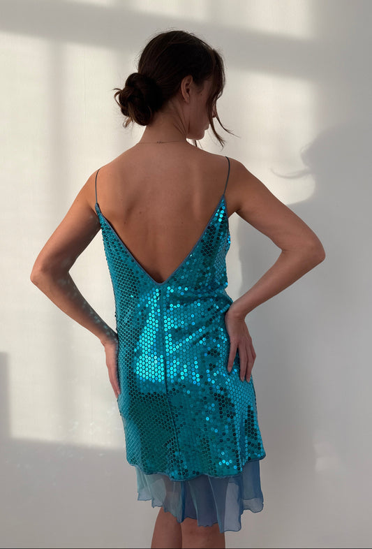 Blumarine 00s Vintage Blue Sequin Silk Dress (XS/S)