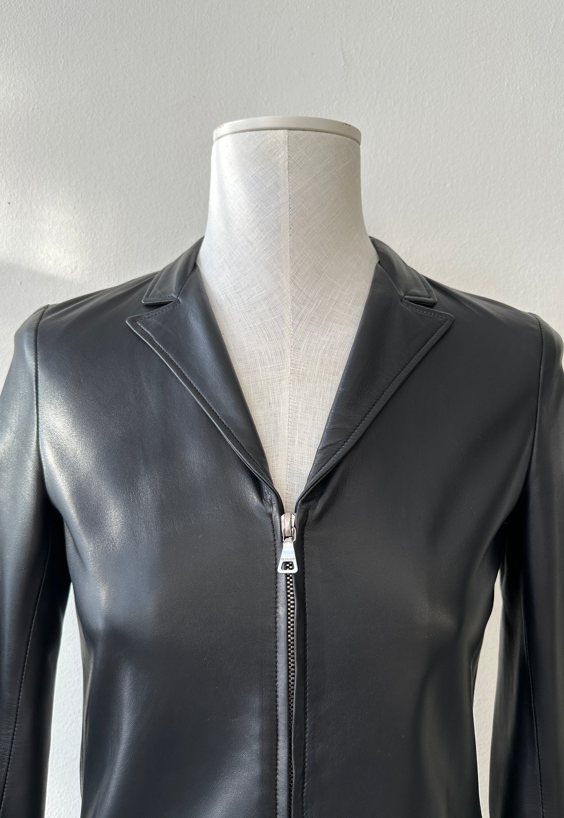 Jil Sander Minimalist Zipper Leather Jacket in size S.