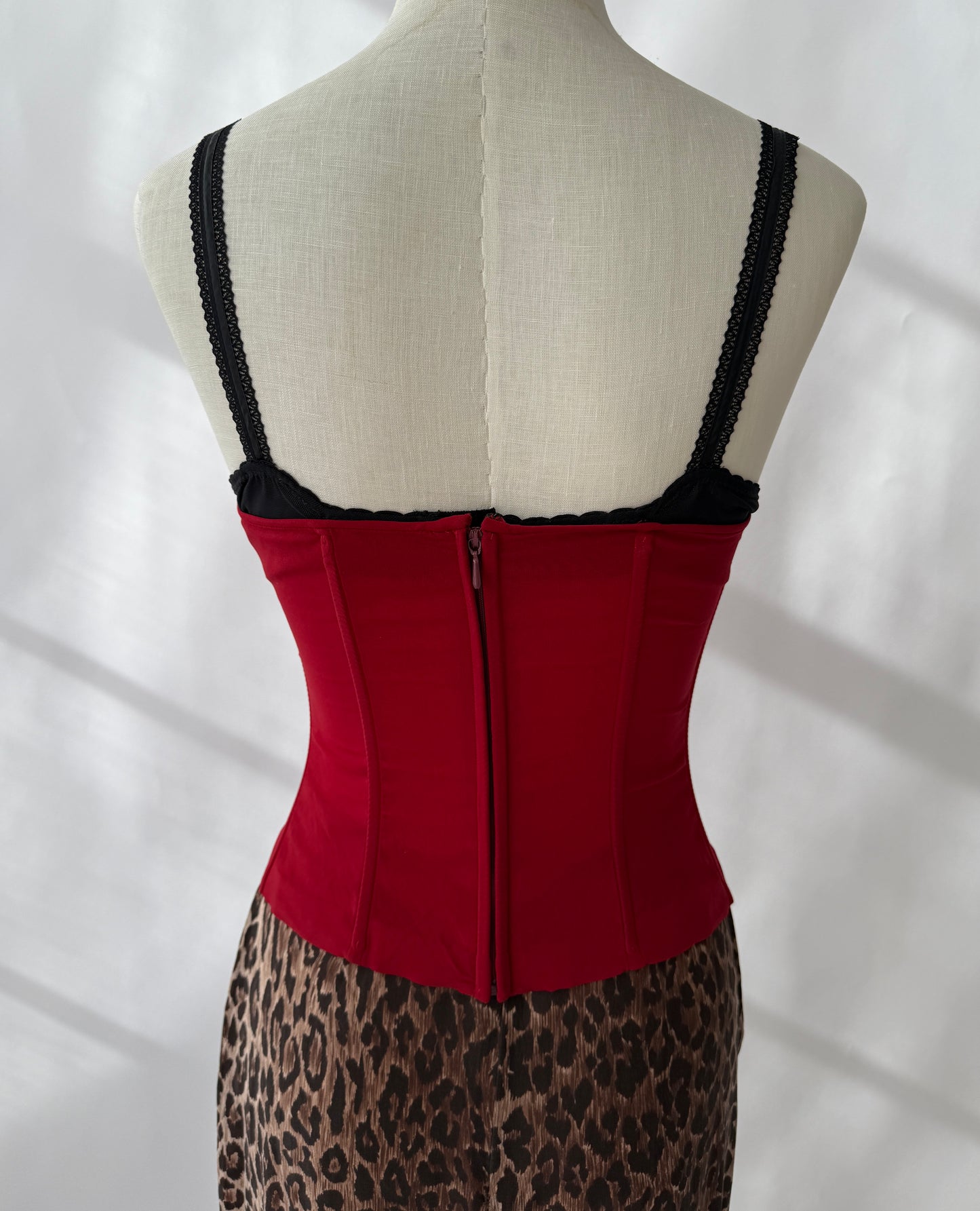 Dolce & Gabbana F/W 1997 Vintage Red Bustier Top & Silk Leopard Skirt (S)