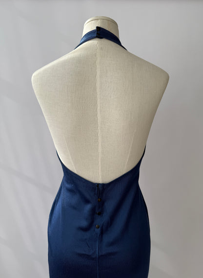 Azzedine Alaïa S/S 1986 Runway Blue Knit Halter Neck Bodycon Backless Dress in size M/L.