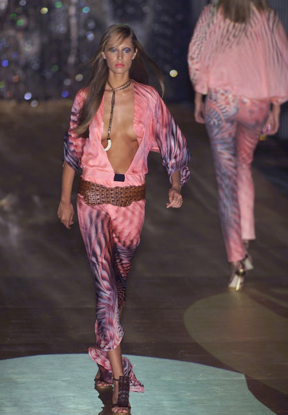 Roberto Cavalli S/S 2001 Psychedelic Swirl Print Silk Midi Dress on the runway in pink.