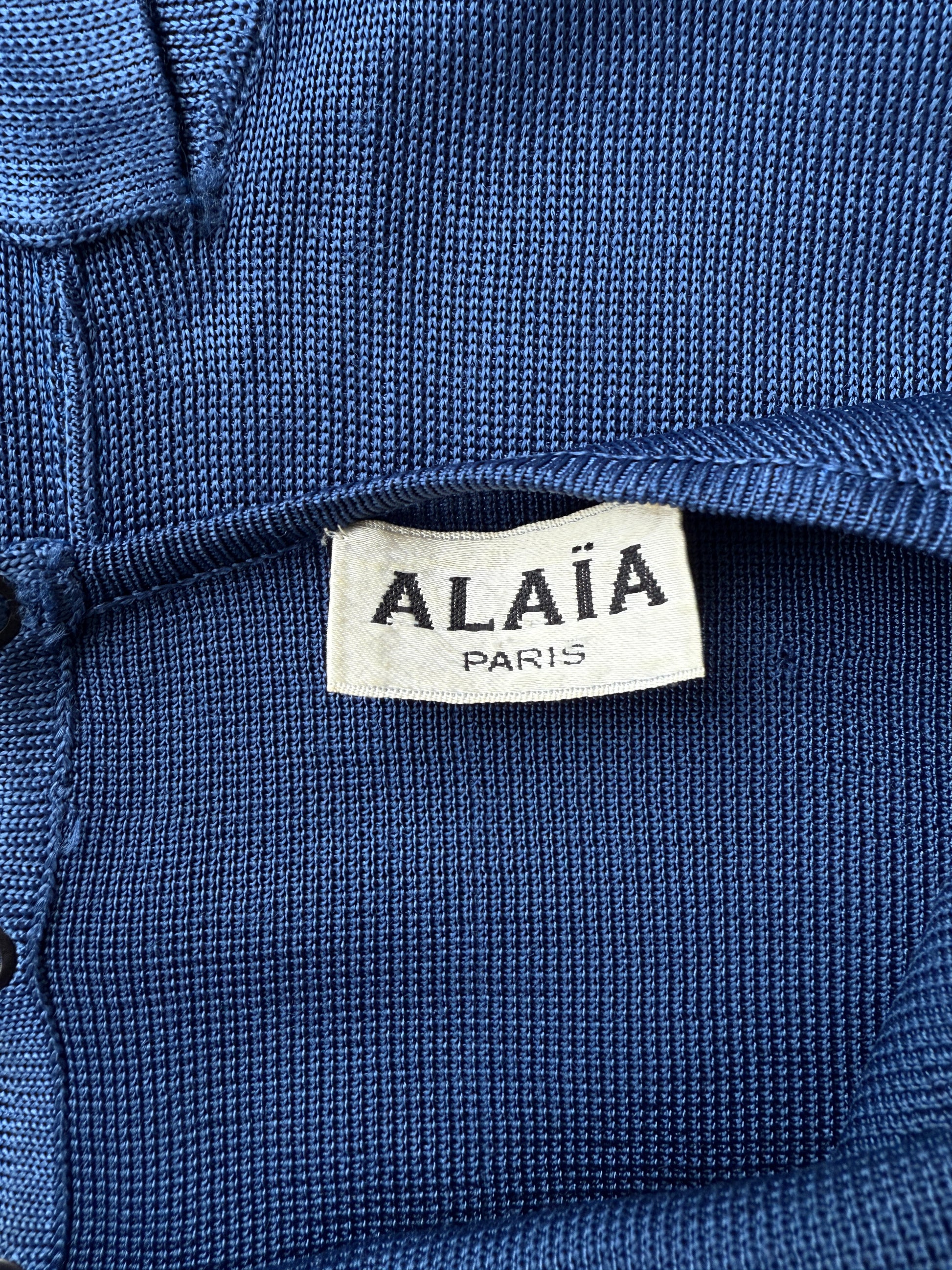 Azzedine Alaïa S/S 1986 Runway Blue Knit Halter Neck Bodycon Backless Dress in size M/L.