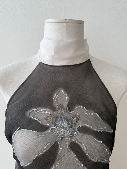 Emanuel Ungaro Fuchsia Silk Halter Open Back Flower Top (XS-L)