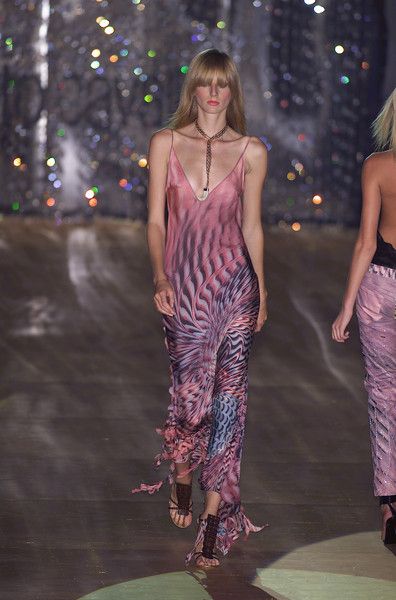 Roberto Cavalli S/S 2001 Psychedelic Swirl Print Silk Midi Dress on the runway in pink.