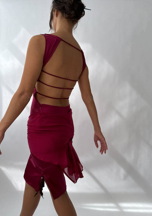 Gucci S/S 2005 Bordeaux Runway Bustier Cutout Open Back Silk Dress (S)