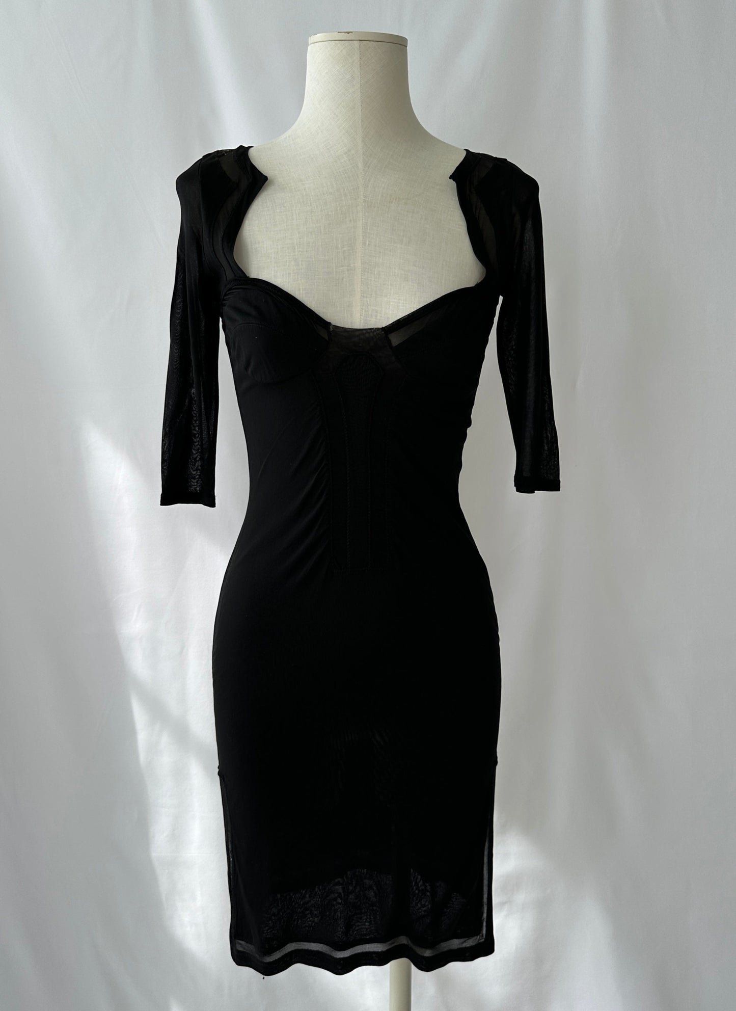 Gucci S/S 2005 Black Open Back Sheer Panelled Midi Dress in size S.