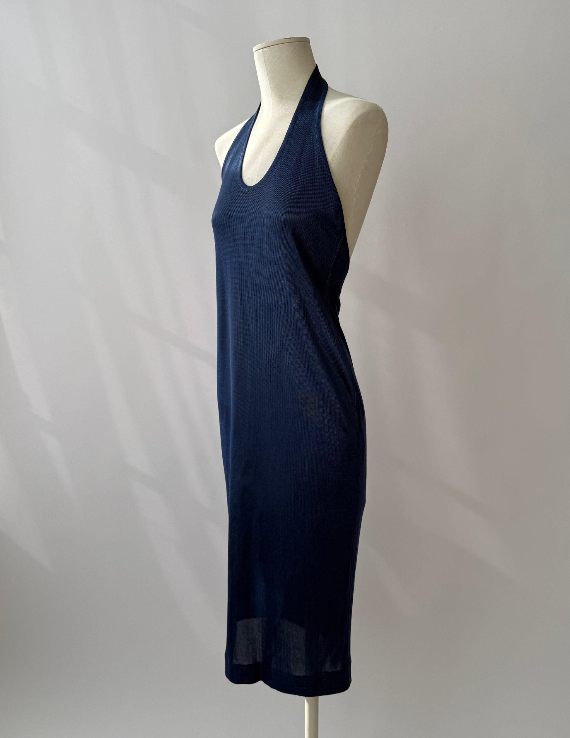 Azzedine Alaïa S/S 1986 Runway Blue Knit Halter Neck Bodycon Backless Dress in size M/L.
