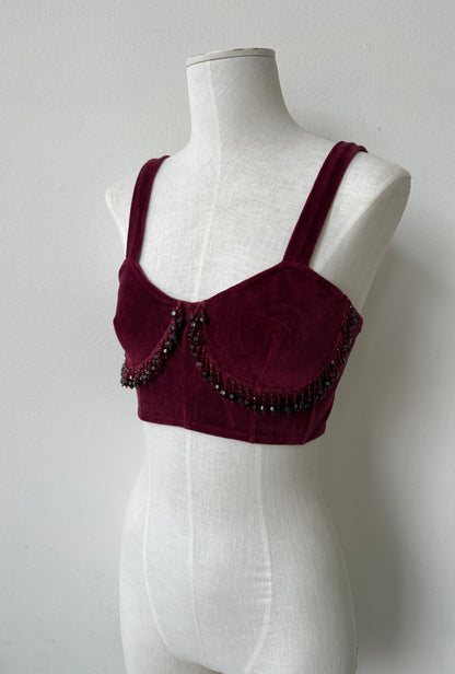 Blumarine 1990 Velour Burgundy Corset Bra Top with Beads