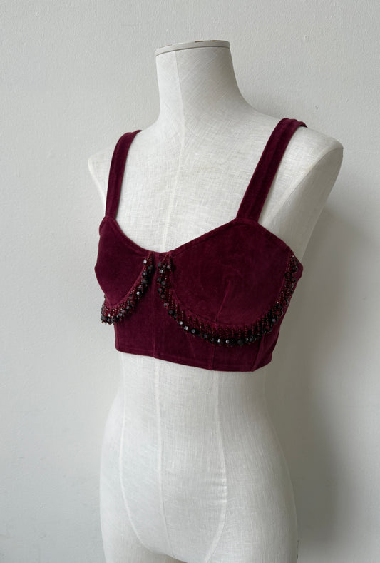 Blumarine 1990 Velour Burgundy Corset Bra Top with Beads
