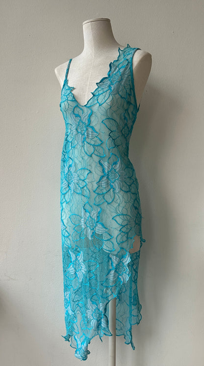 La Perla Marvel Aquamarine High Slit Asymmetrical Lace Dress in size M.