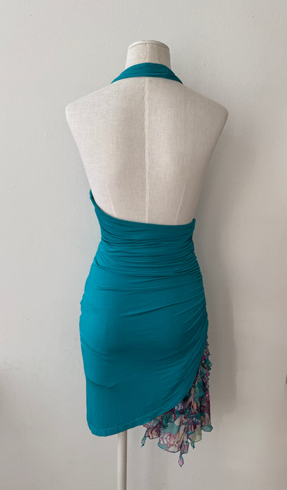 Back view of the Emanuel Ungaro Teal Bodycon Dress without a scarf