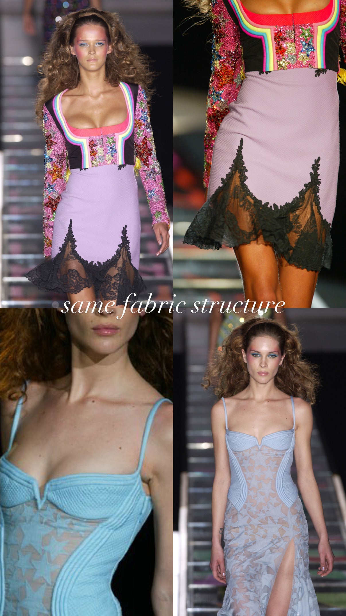 Versace S/S 2002 runway model wearing a similar dress with lace mermaid trim.