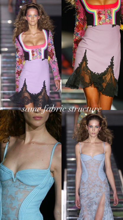 Versace S/S 2002 runway model wearing a similar dress with lace mermaid trim.