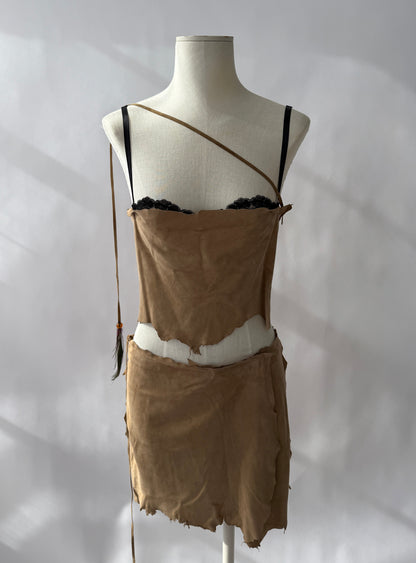 Dolce & Gabbana 2001 Frayed Suede and Feather Set (S)
