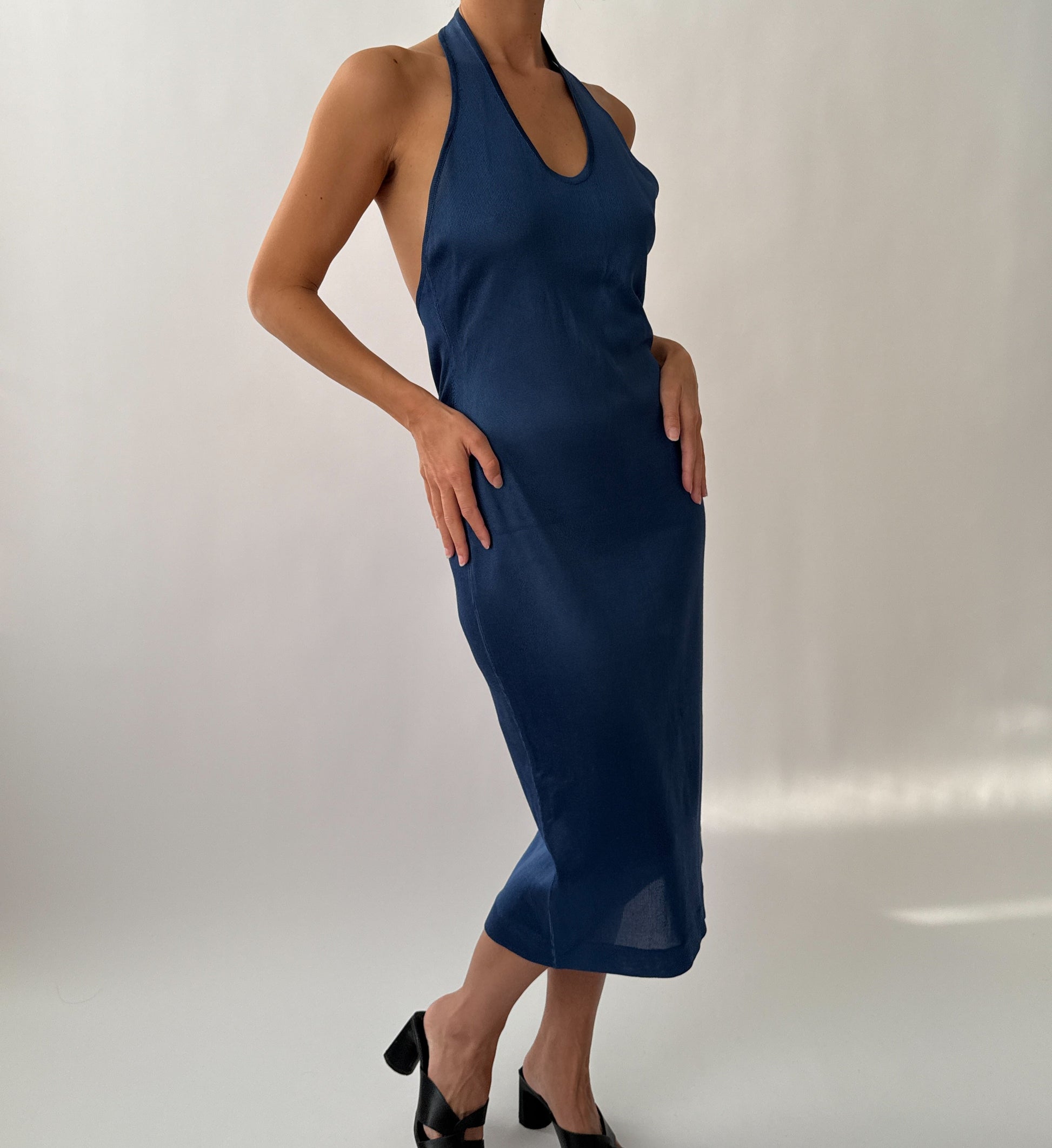 Azzedine Alaïa S/S 1986 Runway Blue Knit Halter Neck Bodycon Backless Dress in size M/L.