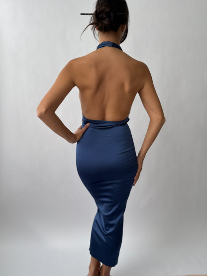 Blumarine S/S 1990 Vintage Blue Pearl Halter Dress (XS-M)