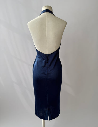 Azzedine Alaïa S/S 1986 Runway Blue Knit Halter Neck Bodycon Backless Dress in size M/L.