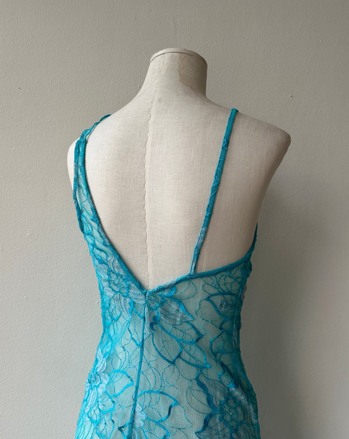 La Perla Marvel Aquamarine High Slit Asymmetrical Lace Dress in size M.