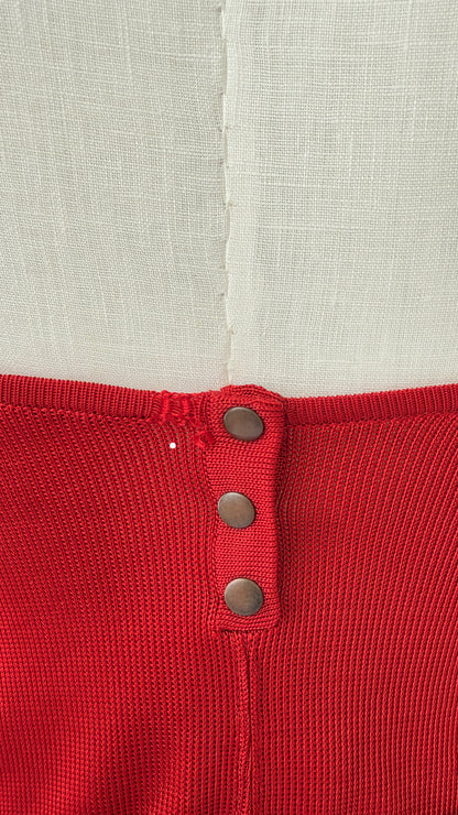 Close up of the back of the Azzedine Alaia vintage red skirt and bodysuit set.