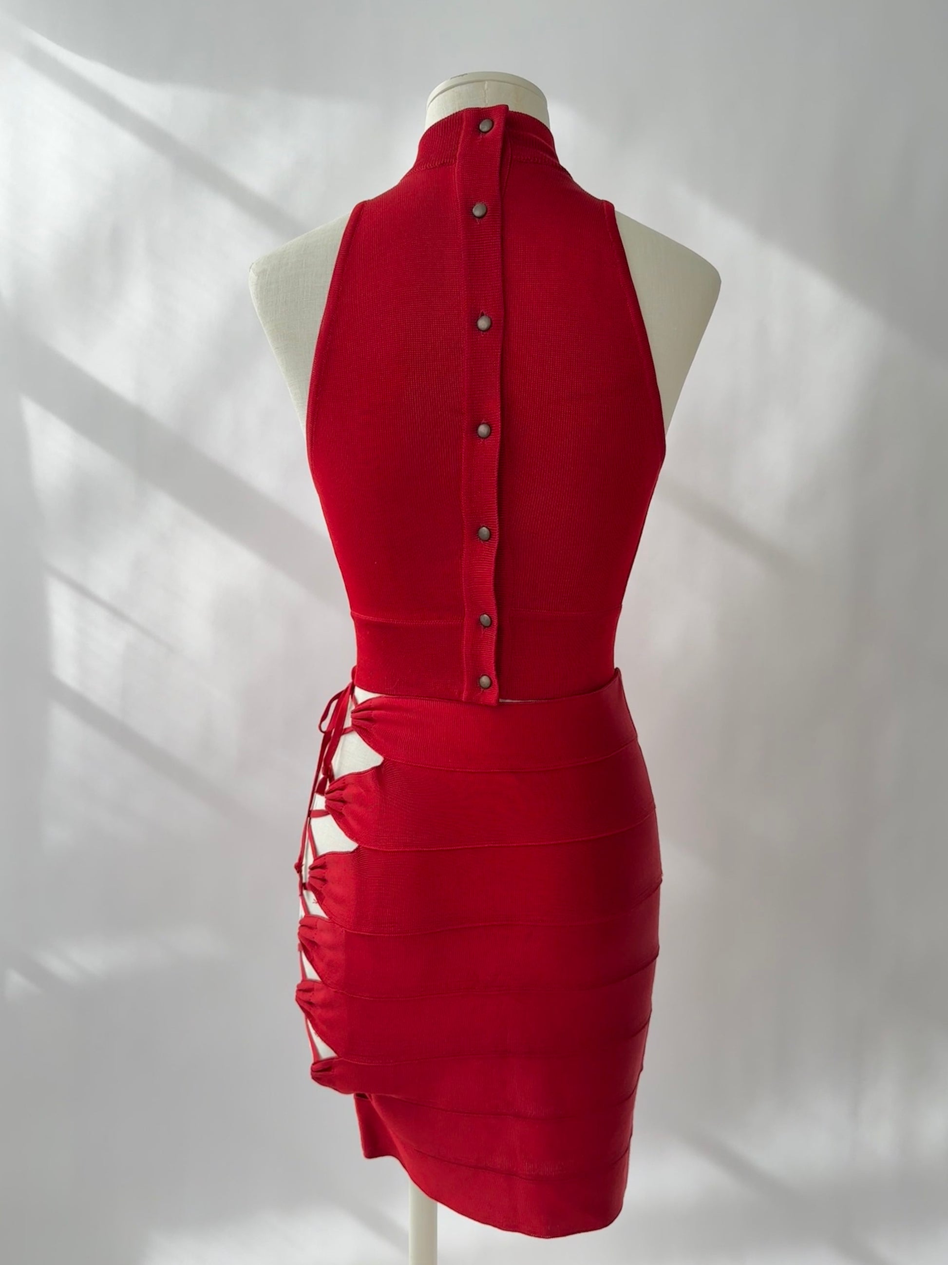 Azzedine Alaia 1986 vintage red lace-up skirt, top & body set with halter neck and adjustable lace details.