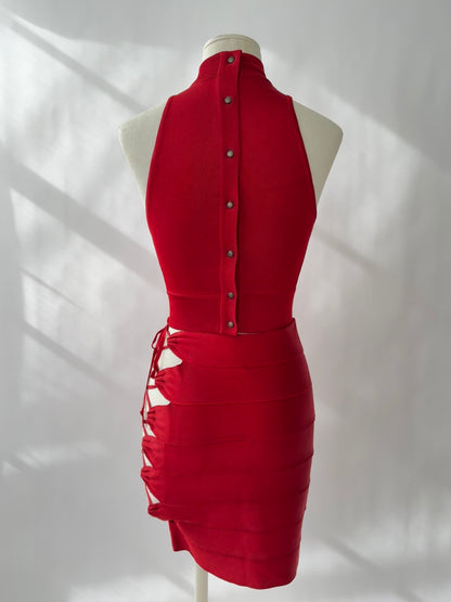 Azzedine Alaia 1986 vintage red lace-up skirt, top & body set with halter neck and adjustable lace details.