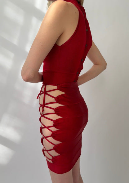 Azzedine Alaia 1986 Lace-up Skirt, Top & Body Set in red, showcasing lace-up details and modern bondage style.