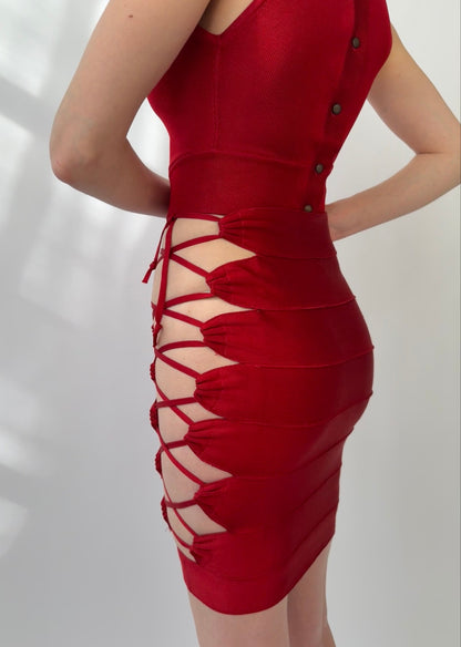 Azzedine Alaia 1986 Lace-up Skirt featuring adjustable lace-up detail and elegant design in vintage red color.