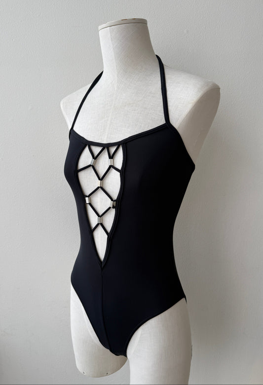 Side front view of the Paco Rabanne Vintage 90s/00s Bathing Suit with Silver Embellishments