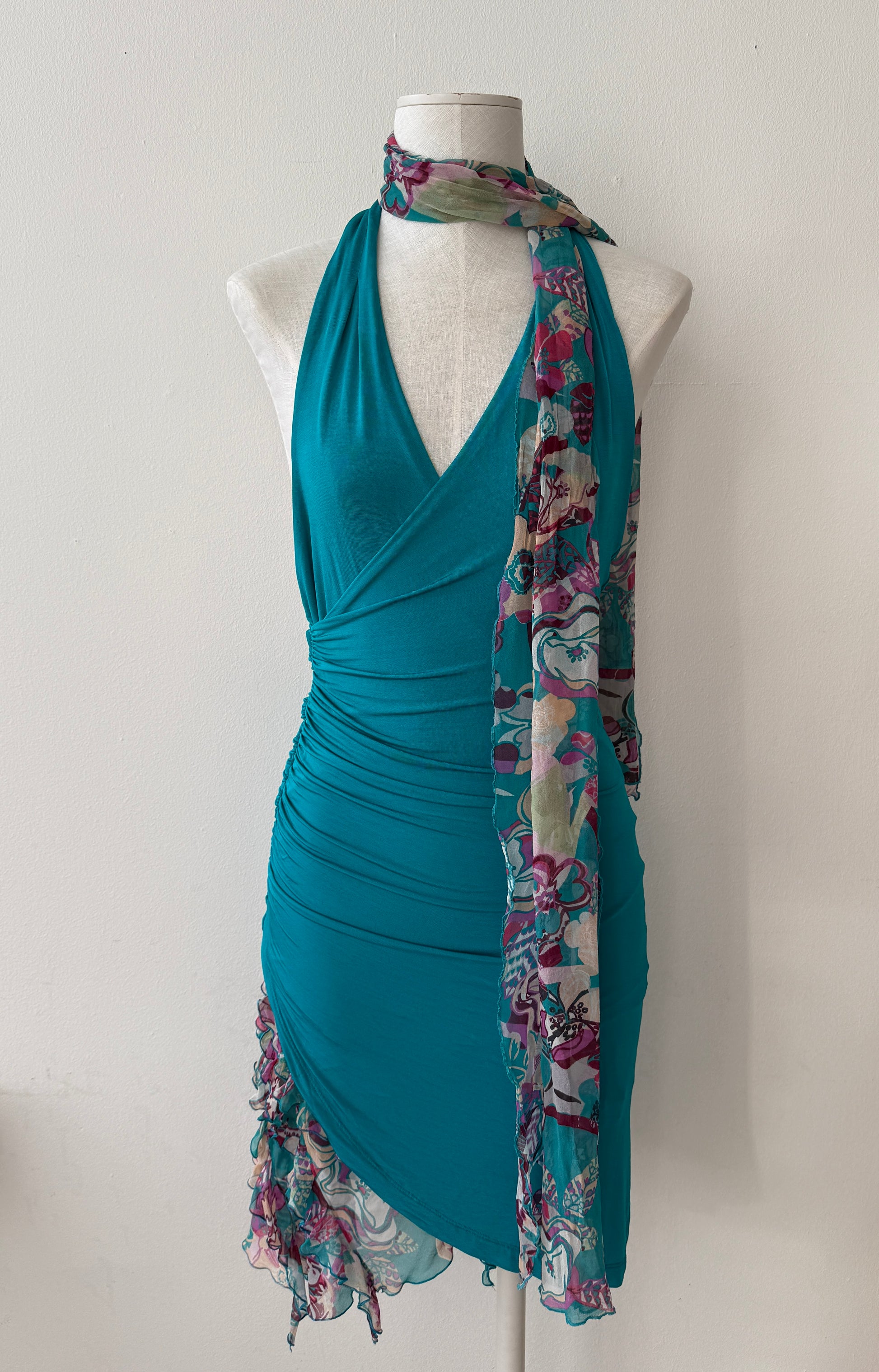 Front view of the Emanuel Ungaro Fuchsia Bodycon Dress with a scarf