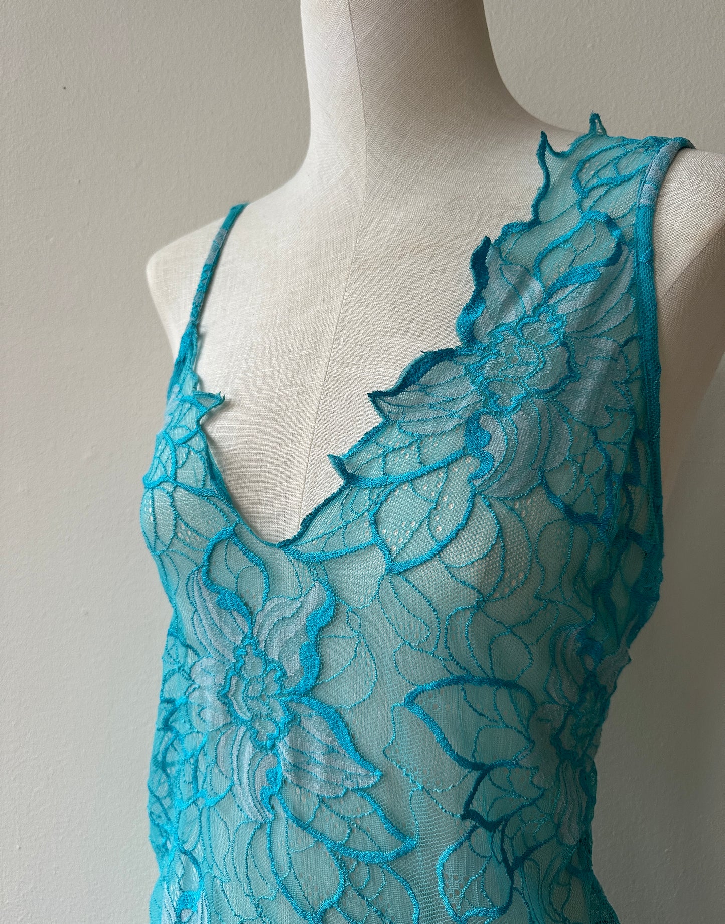 La Perla Marvel Aquamarine High Slit Asymmetrical Lace Dress in size M.