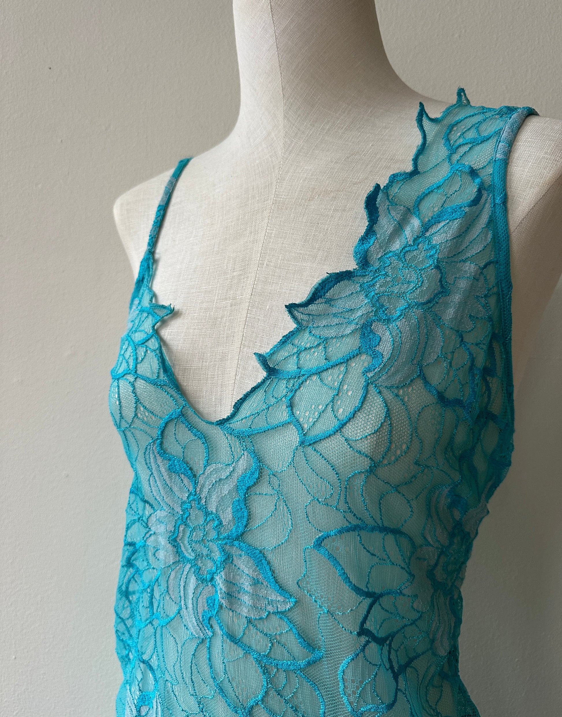 La Perla Marvel Aquamarine High Slit Asymmetrical Lace Dress in size M.