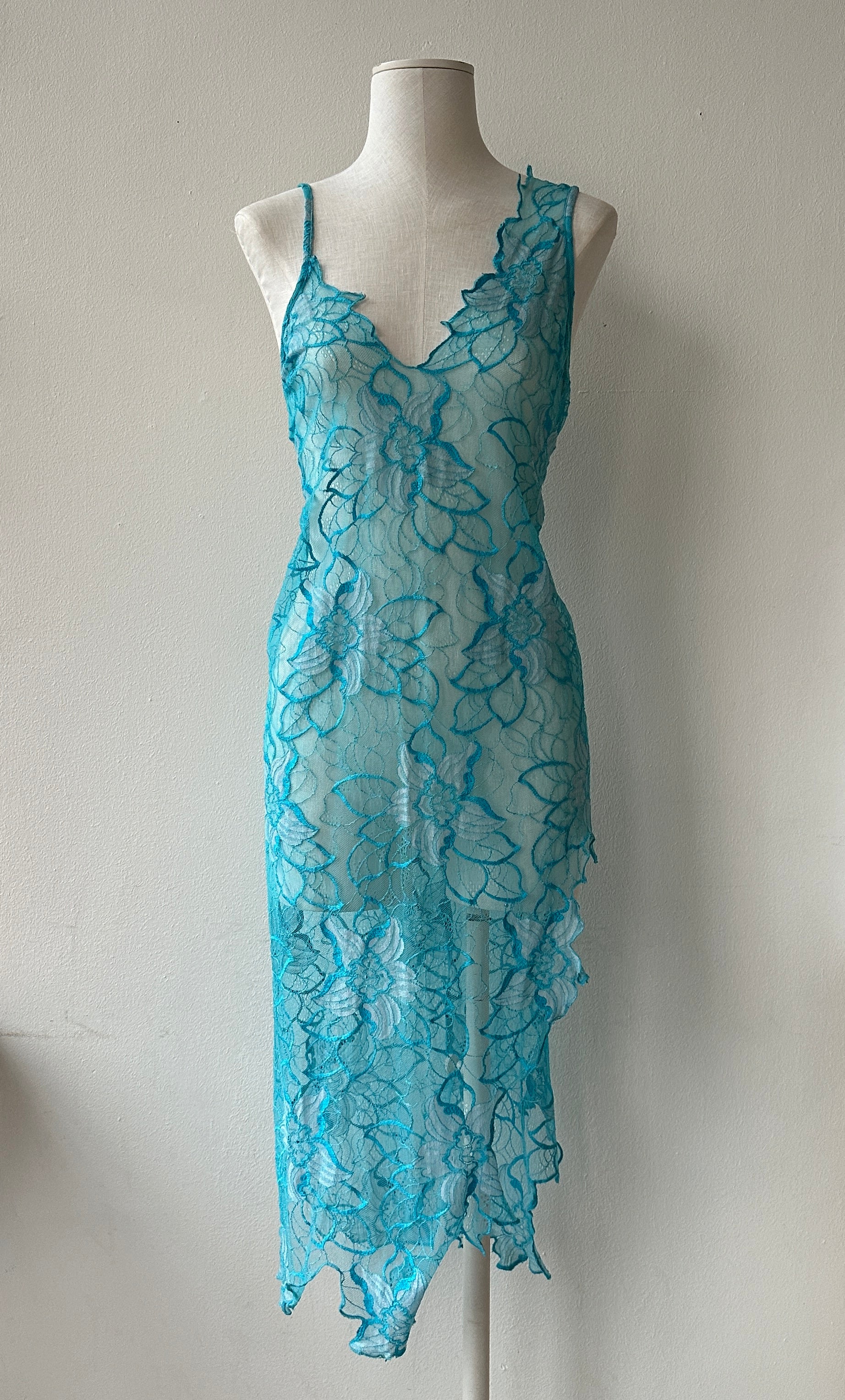 La Perla Marvel Aquamarine High Slit Asymmetrical Lace Dress in size M.