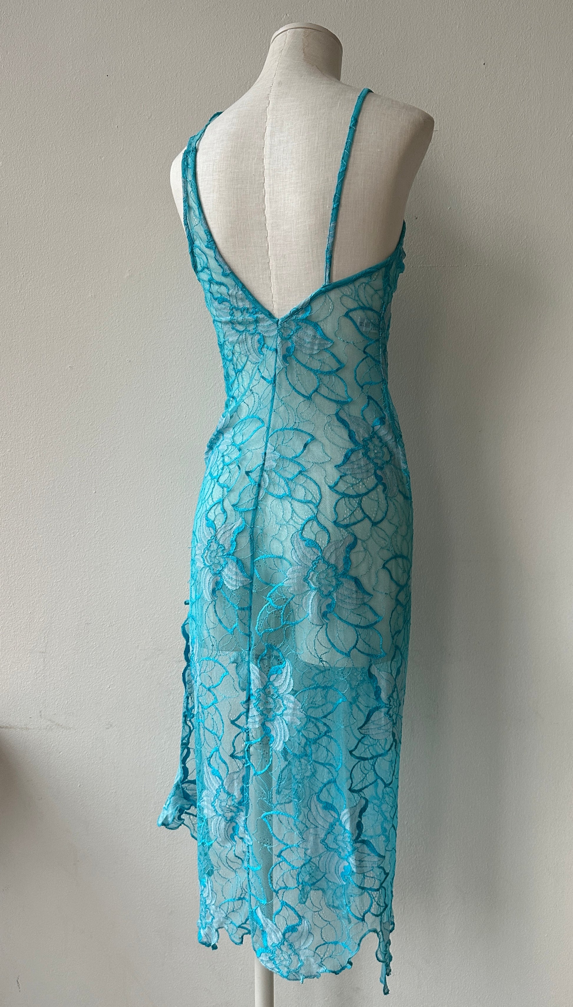 La Perla Marvel Aquamarine High Slit Asymmetrical Lace Dress in size M.