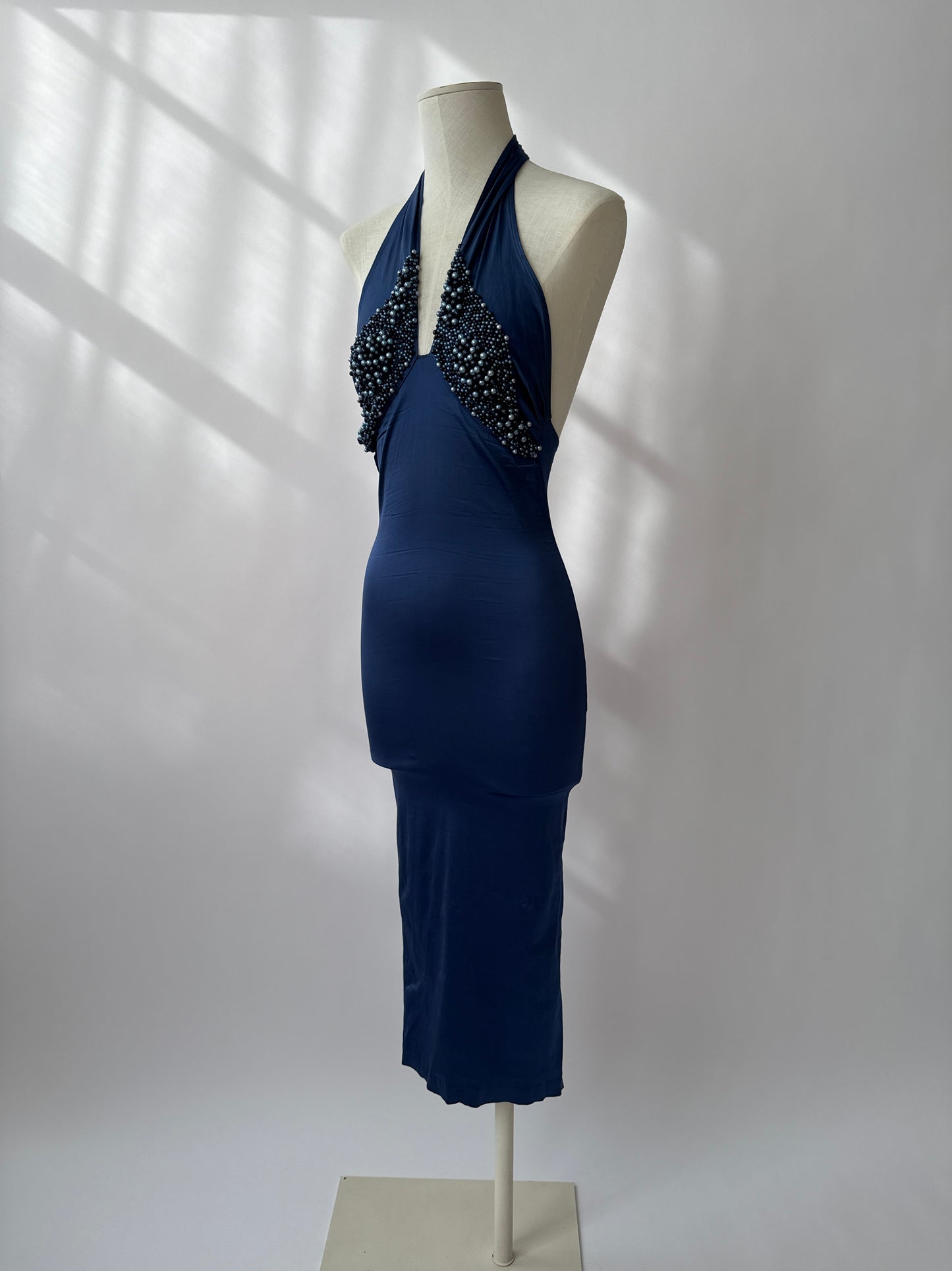 Blumarine S/S 1990 Vintage Blue Pearl Halter Dress (XS-M)