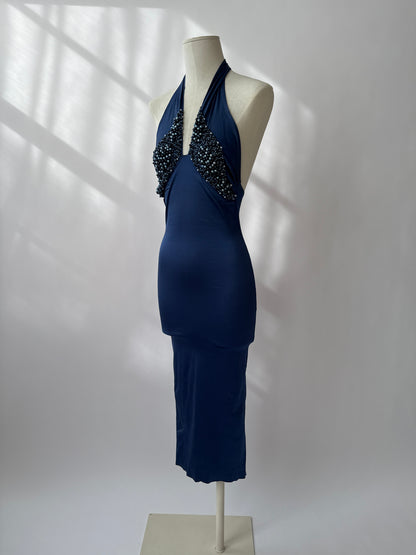 Blumarine S/S 1990 Vintage Blue Pearl Halter Dress (XS-M)