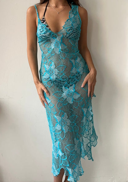 La Perla Marvel Aquamarine High Slit Asymmetrical Lace Dress in size M.