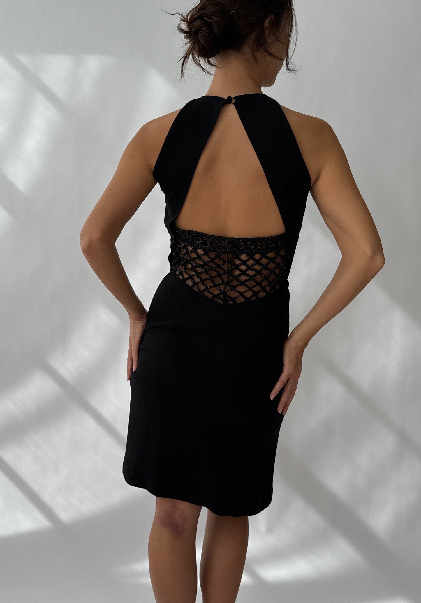 Valentino F/W 2001 Runway Black Silk Beaded Backless Mini Dress (S)