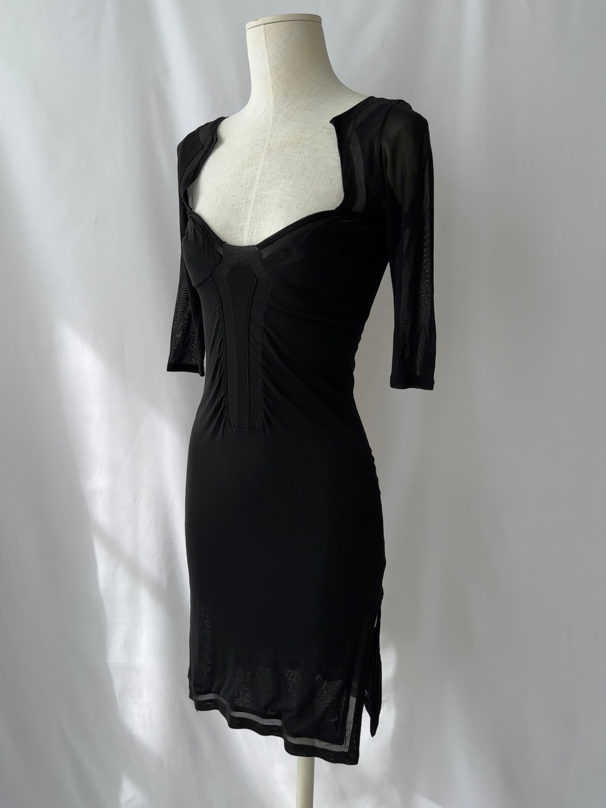 Gucci S/S 2005 Black Open Back Sheer Panelled Midi Dress in size S.