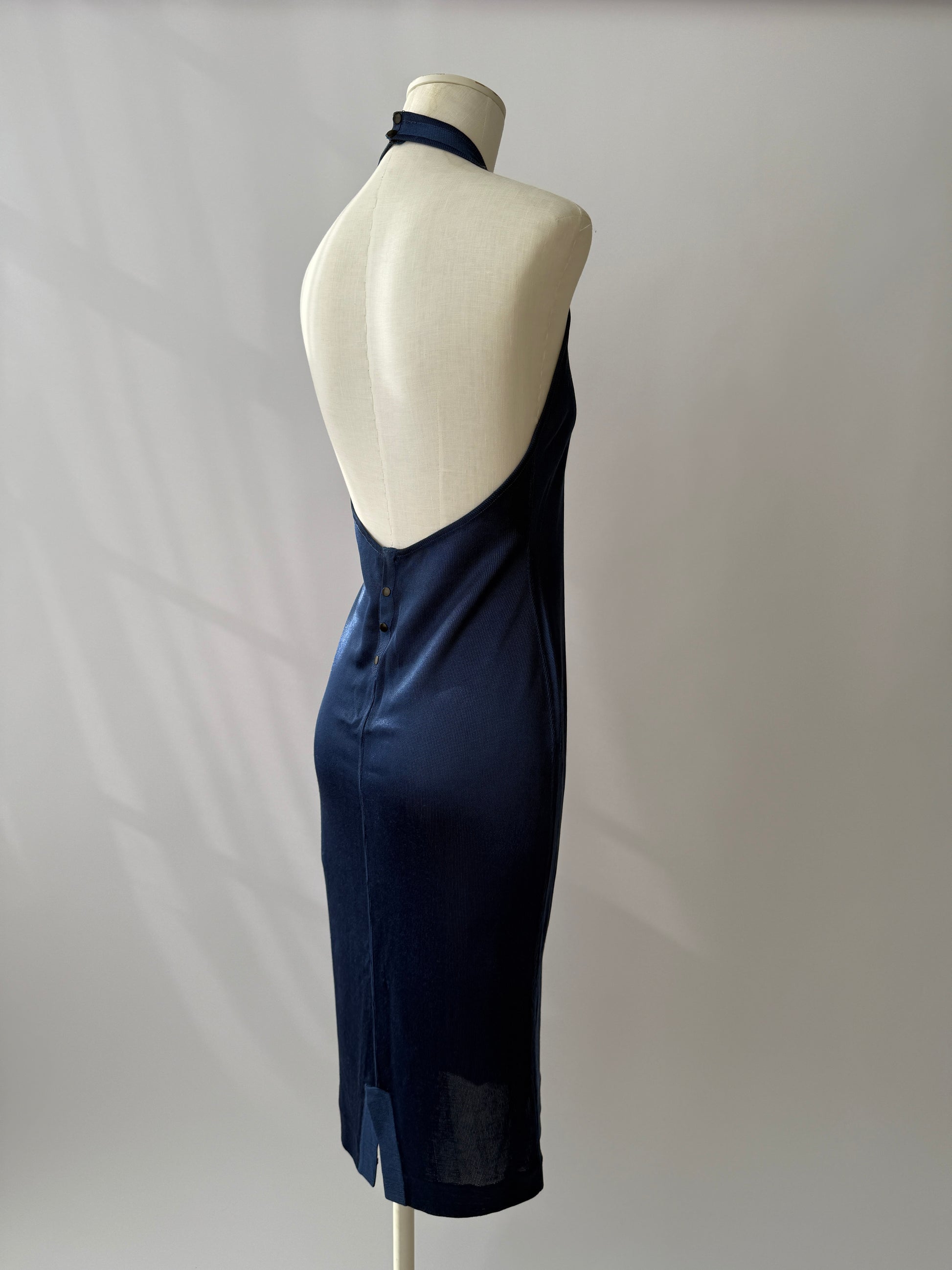 Azzedine Alaïa S/S 1986 Runway Blue Knit Halter Neck Bodycon Backless Dress in size M/L.