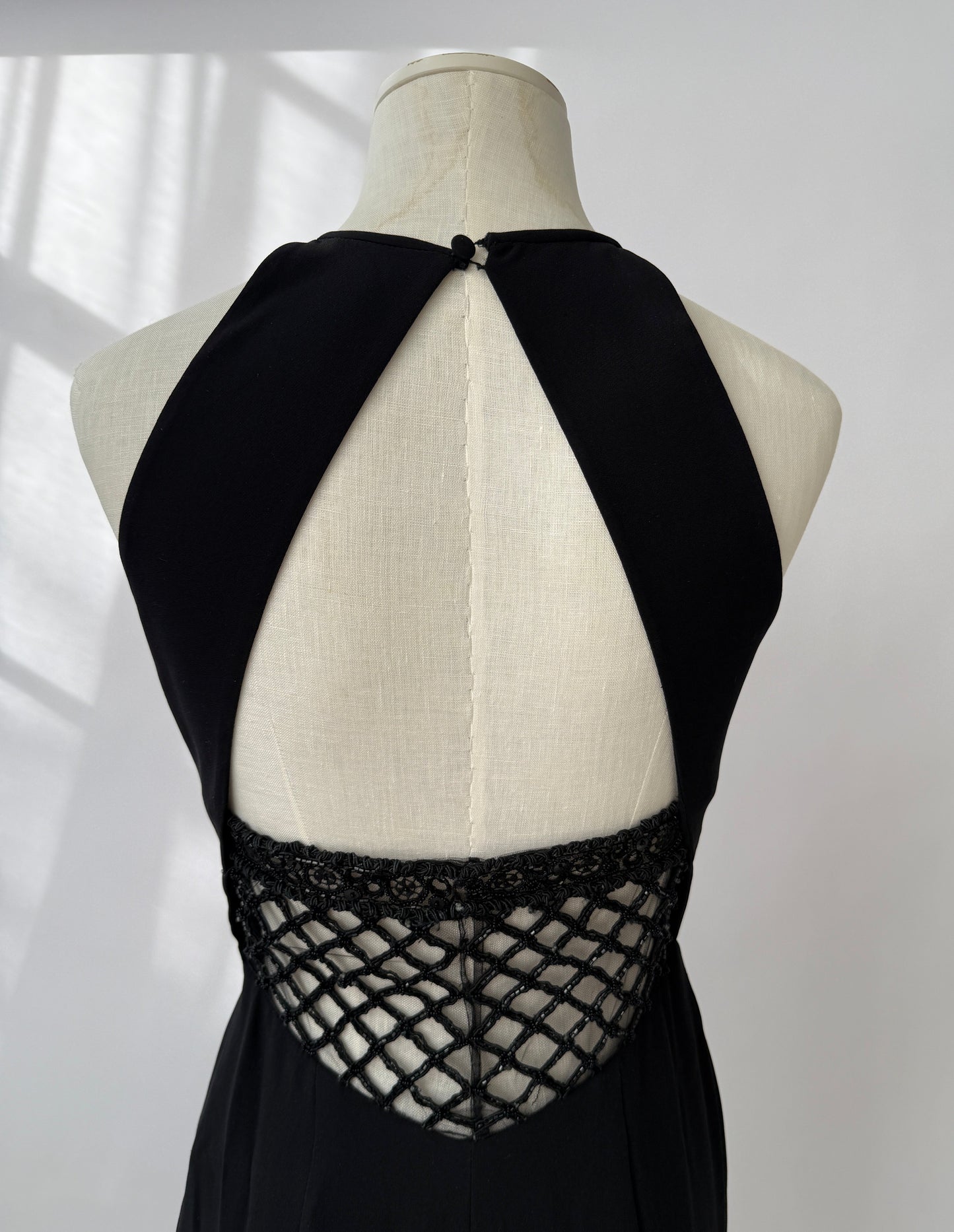 Valentino F/W 2001 Runway Black Silk Beaded Backless Mini Dress (S)