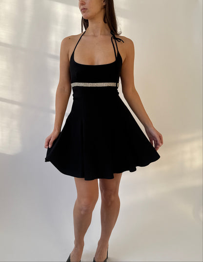 Front view of a model showcasing the Dolce & Gabbana 1995 Rhinestones Mini Dress.