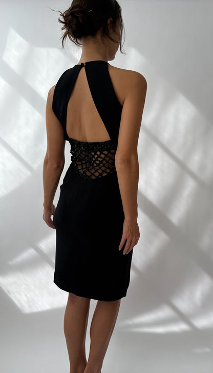 Valentino F/W 2001 Runway Black Silk Beaded Backless Mini Dress (S)