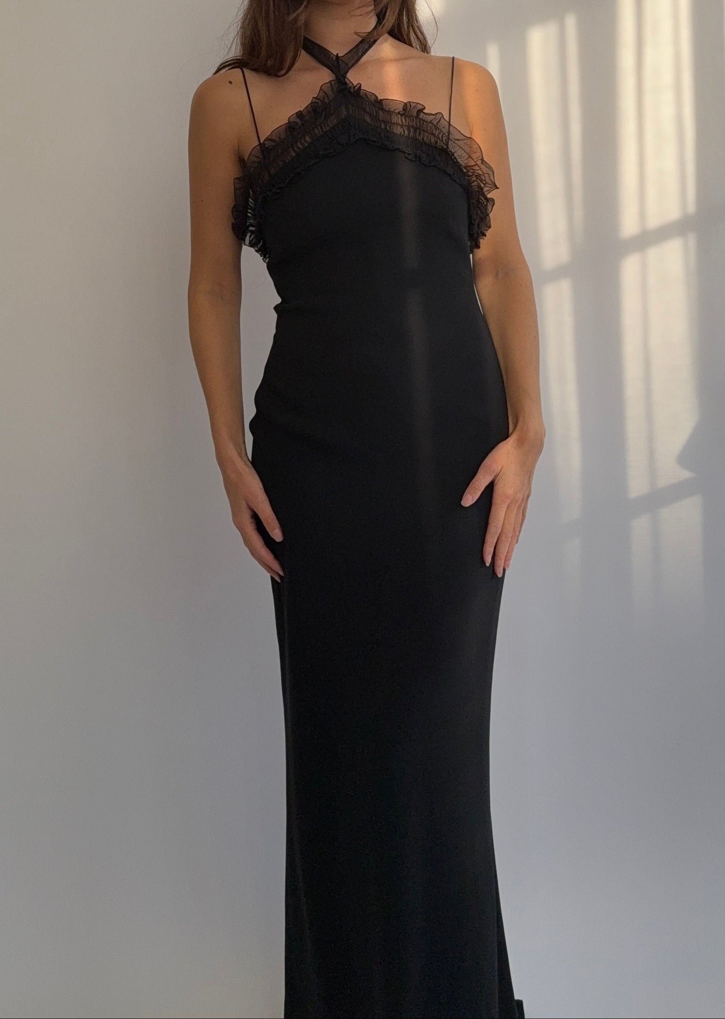 Front view of the Emanuel Ungaro 2000's Black Silk Maxi Dress on a model.