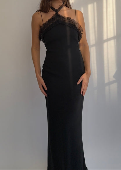 Front view of the Emanuel Ungaro 2000's Black Silk Maxi Dress on a model.