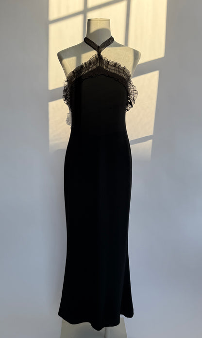 Full length front view of the Emanuel Ungaro 2000's Black Silk Maxi Dress on a mannequin.