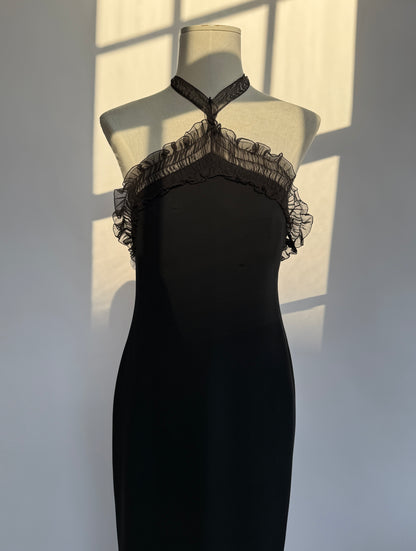 The Emanuel Ungaro vintage silk halter gown seen front the front agains a white background.