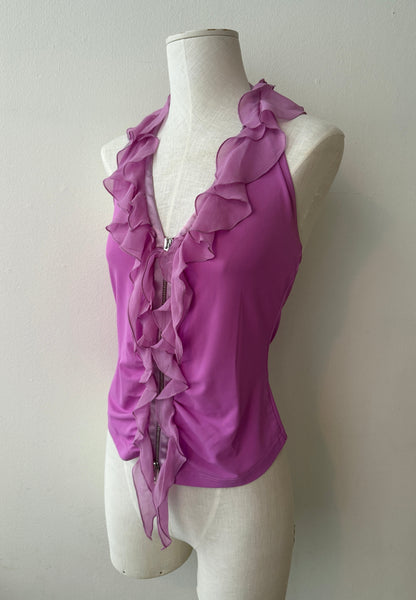 Side front view of the Emanuel Ungaro Fever Pink Silk Ruffle Top on a mannequin