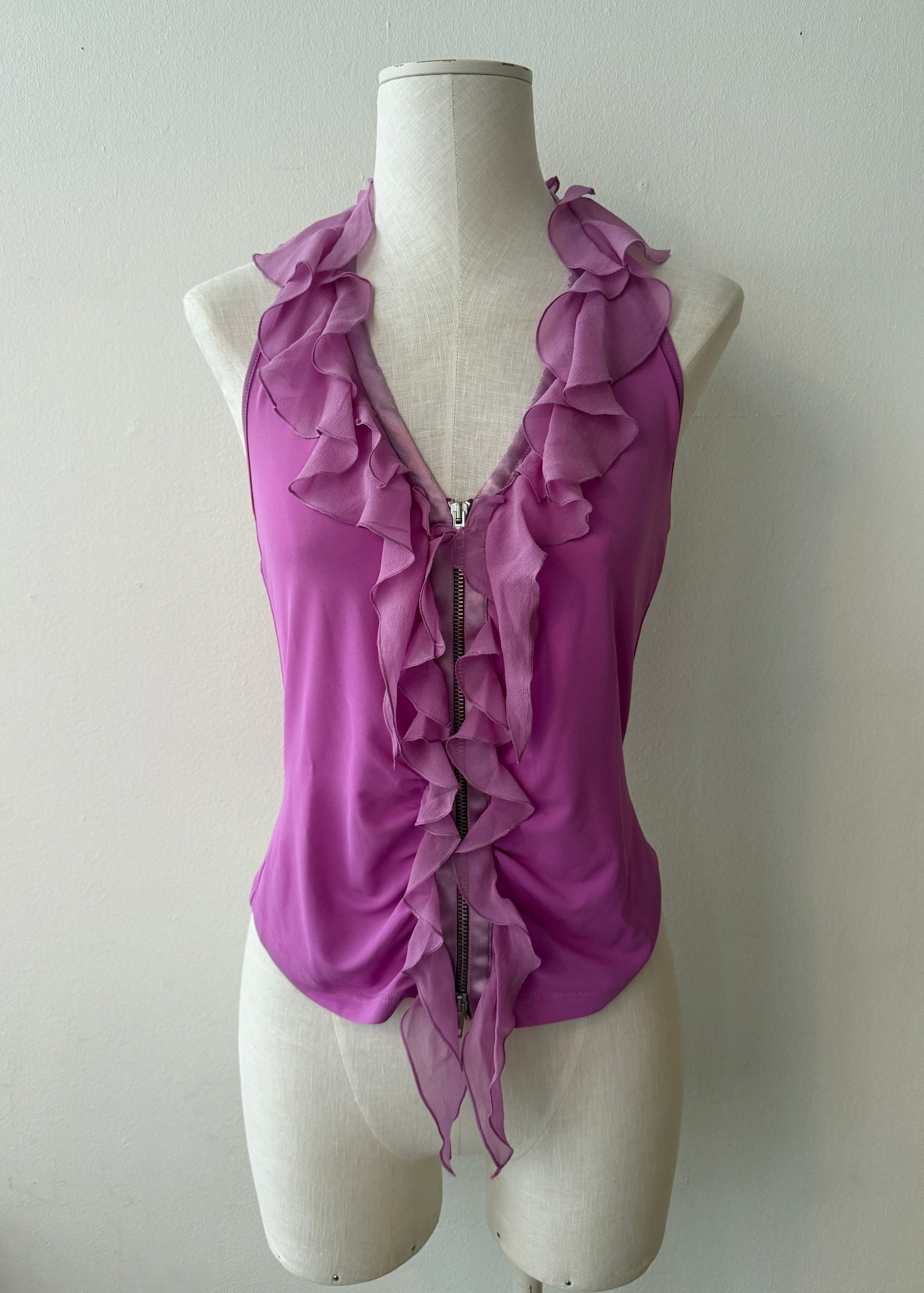 The Emanuel Ungaro Pink Silk Ruffle Top on a mannequin viewed from the front