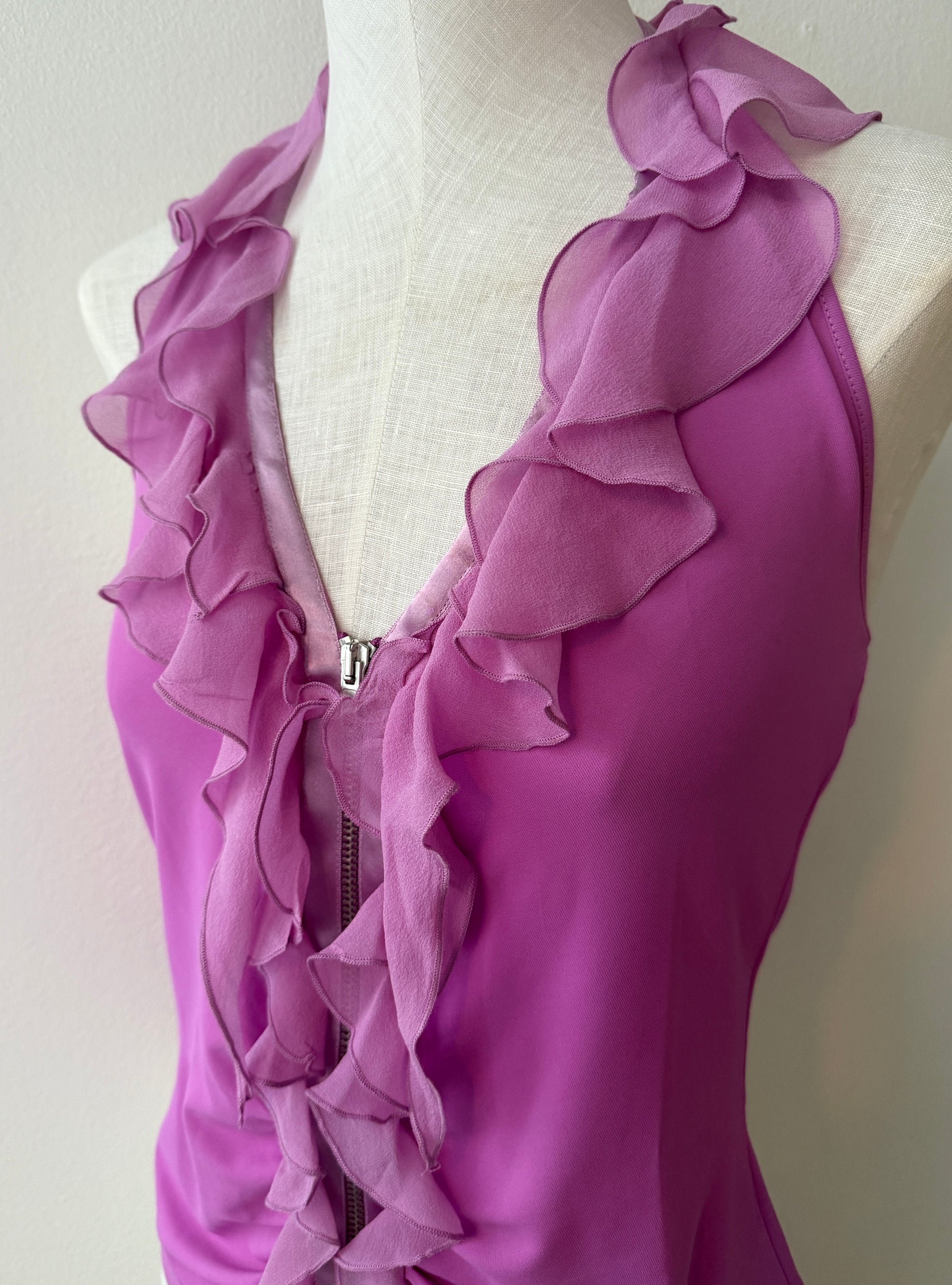 Detail photo of the neckline of the Emanuel Ungaro Pink Silk Ruffle Top